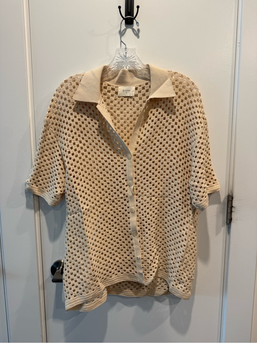 DISSH Cream Openwork Button-Down Short Sleeve Polo